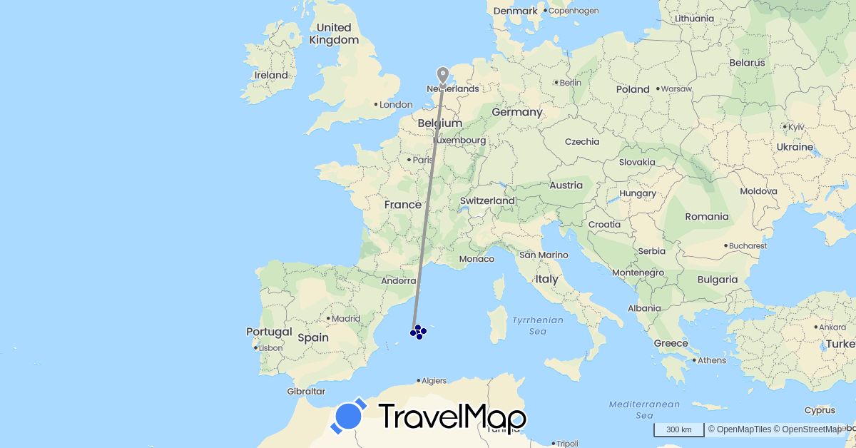 TravelMap itinerary: driving, plane in Spain, Netherlands (Europe)