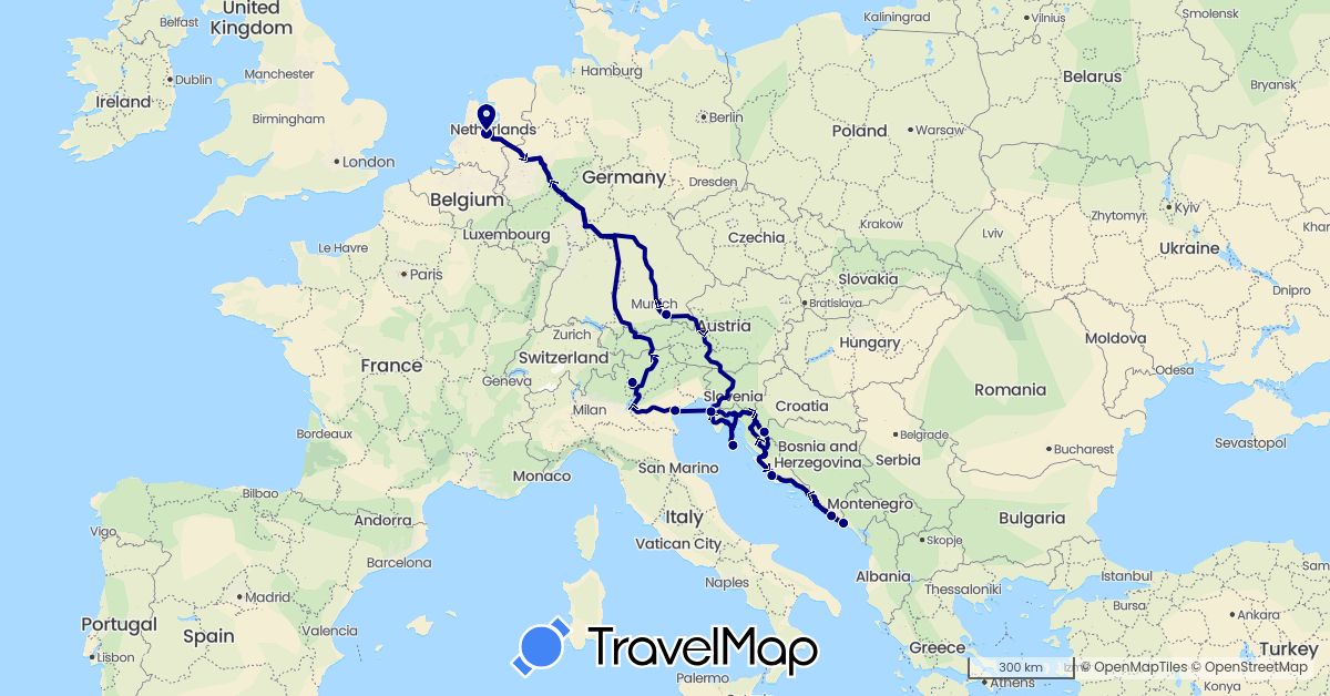 TravelMap itinerary: driving in Germany, Croatia, Italy, Montenegro, Netherlands (Europe)